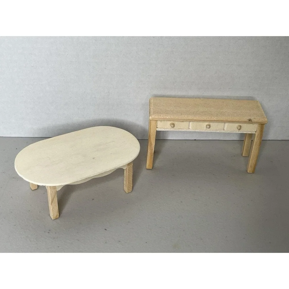 Doll House Miniature Furniture Wood Desk & Oval table Unfinished‎